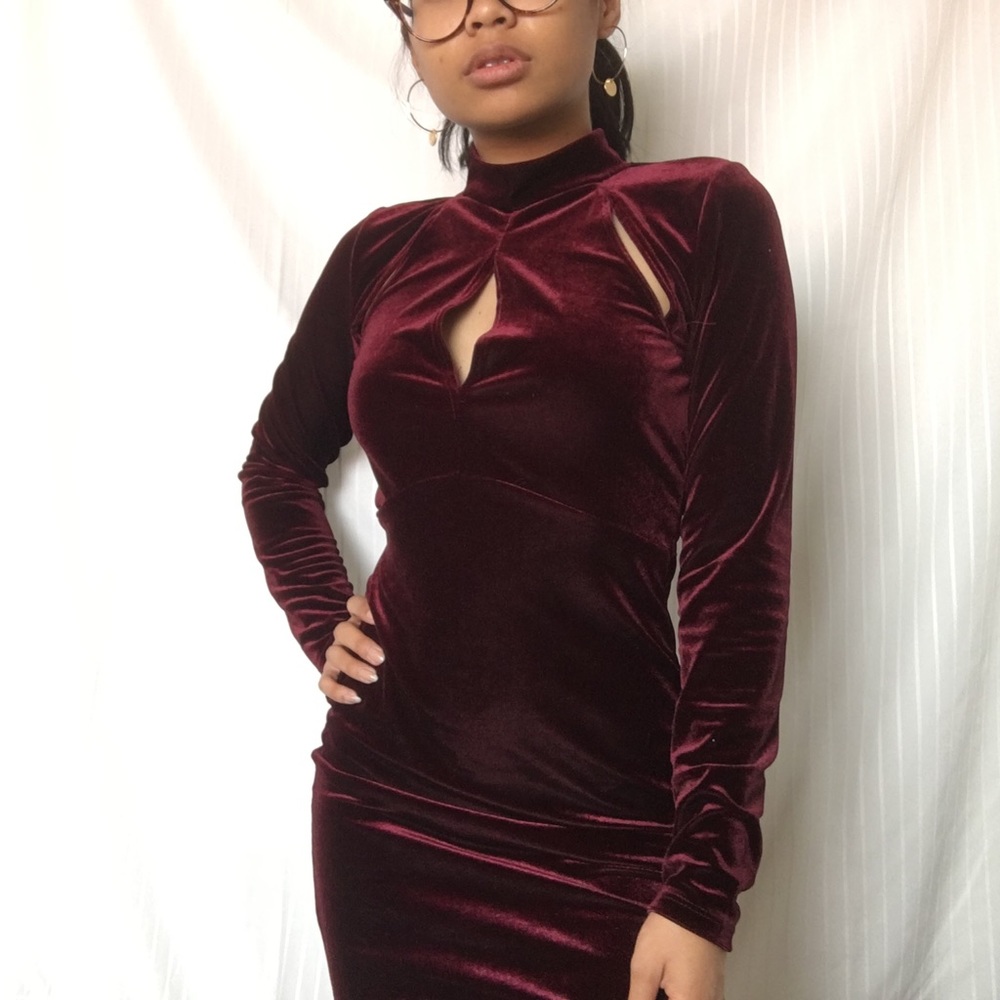 Long sleeve Mini Wine-Colored Velvet Dress